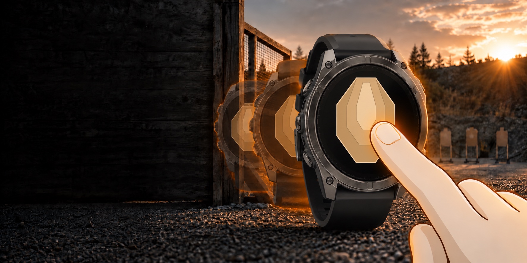 An illustrated Fenix 8 displays an Octagon target. A cartoon hand taps its screen, with fading watch copies behind it against a golden sunset.