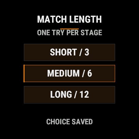 Match selector offering Short with 3 stages, Medium with 6 and Long with 12.