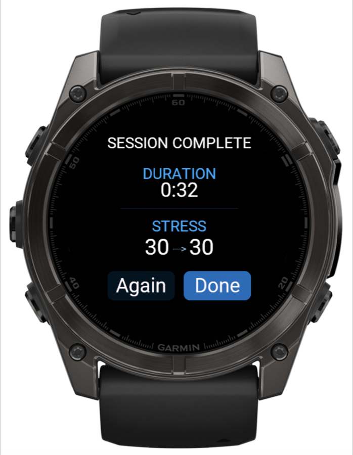 Haptic Pulse session summary with duration and Garmin stress values